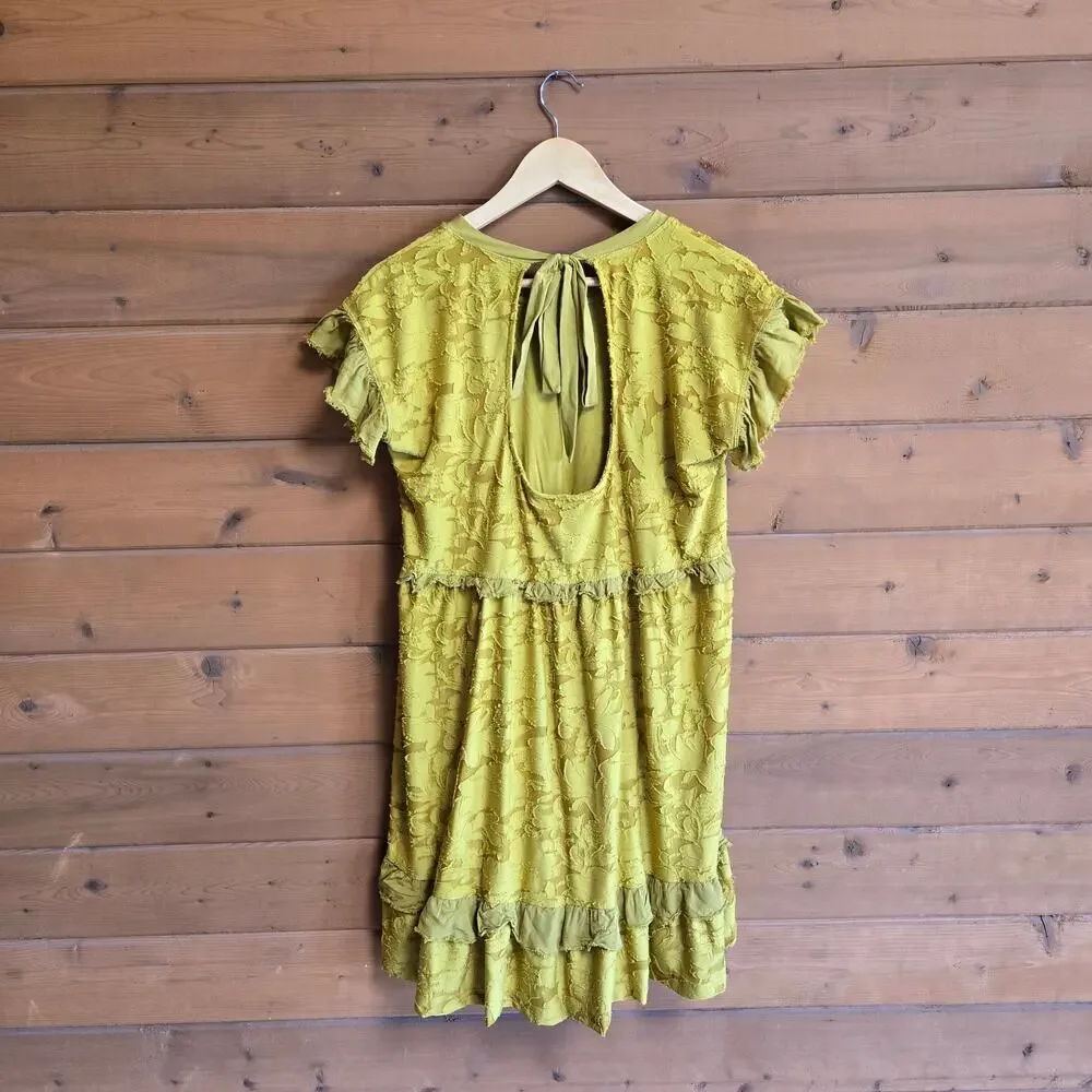 Anthropologie Ruffle Knit Mini Dress Chartreuse Bow Back Small Open Back Boho - Picture 3 of 6